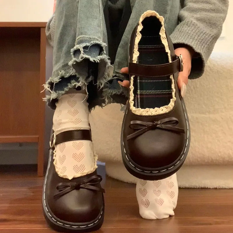 LBSFY -Butterfly-knot Lolita Women Leather Shoes Shallow Round Toe Ladies Concise Outdoor College Style Mary Jane Shoes