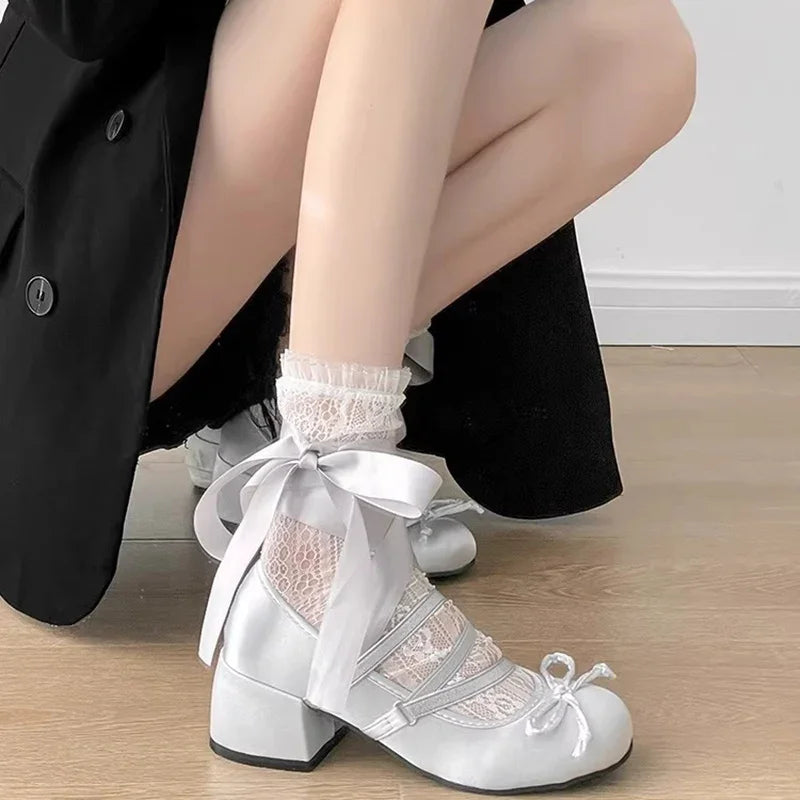 LBSFY -Lolita Cross Strap Pink Round Toe Shoes Ladies Sweet Butterfly Knot Med Heels Mary Janes Shoes Women Fashion Party Shoes Mujer
