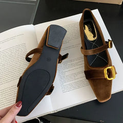 LBSFY  -  Flannel Retro Mary Janes Women Metal Buckle Low Heel Fashion Ballet Shoes Female Soft Sole Square Head Casual Mules Pumps Women