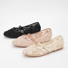 LBSFY -Embroidery String Bead Mesh Ballet Flats Women Fashion White Pearl Mary Jane Shoes Light Summer Flats Elegant Cozy Flat Sandals