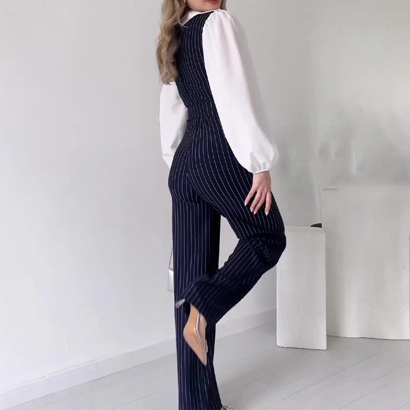 LBSFY  -  Vintage Hollow Out Sleeveless Belt Rompers Office Fashion Slim Long Pants Vest Playsuit FemaleV Neck Striped Straight Jumpsuit