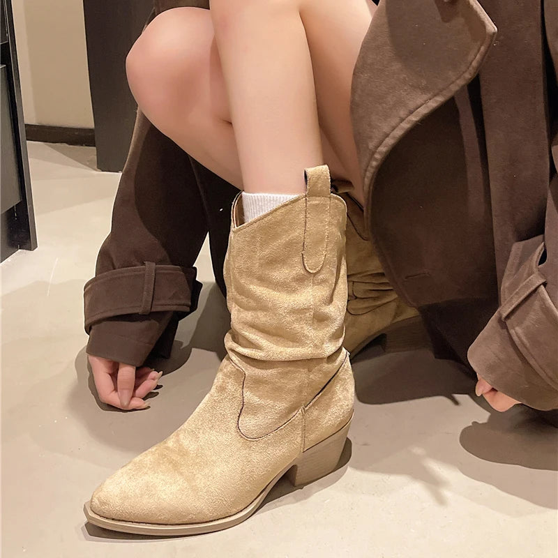 LBSFY -New Style Fashion Women's Mid-calf Boots Women Winter Ethnic Rivet Tassel Boots Woman Suede Pointed Thick Heel Shoes Boots
