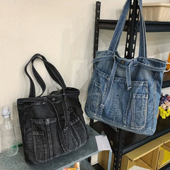LBSFY -Casual Handbag Large Capacity Denim Tote Bag Fashion Everything High Appearance Level Shoulder Bag Commuter Underarm Bag