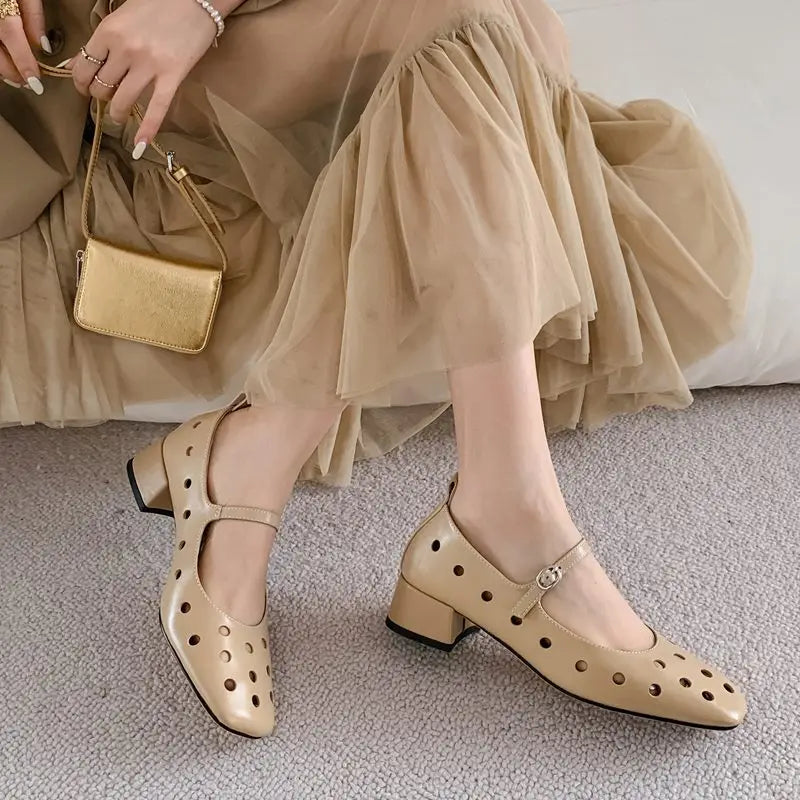 LBSFY  -   2024 New Genuine Leather Shoes Women Pumps Square Toe Mary Janes Cut Outs Mid Heels Ladies Office Dress Shoes