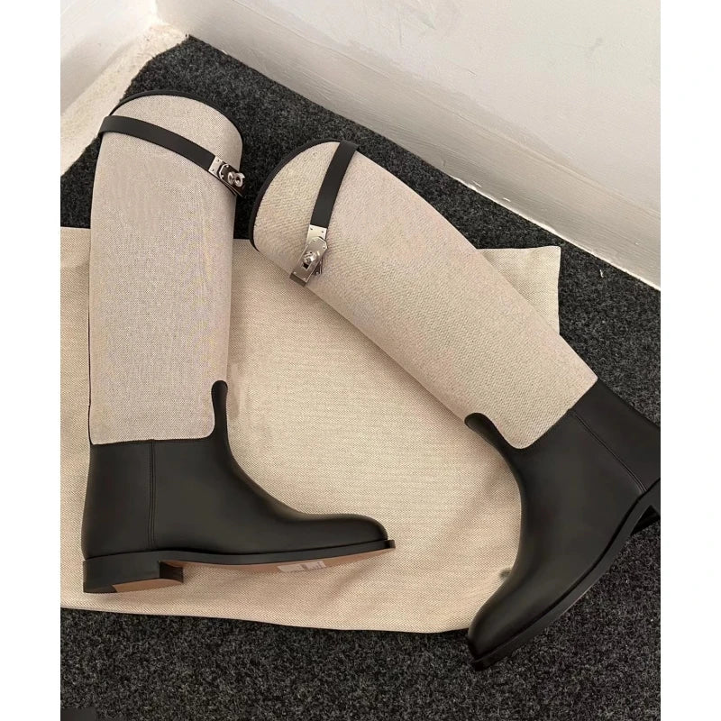 LBSFY  -  Metal Buckle Canvas Round Toe Botas Mujer Designer Winter Slip-On Mixed Colors Shoes for Women British Knee-High Knight Boots