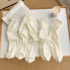 Lbsfy Women's Mid-tube Socks White Socks Summer New Hollow Cotton Cute Argyle Stripe Lolita Thin Lacesocks Breathable  Stockings