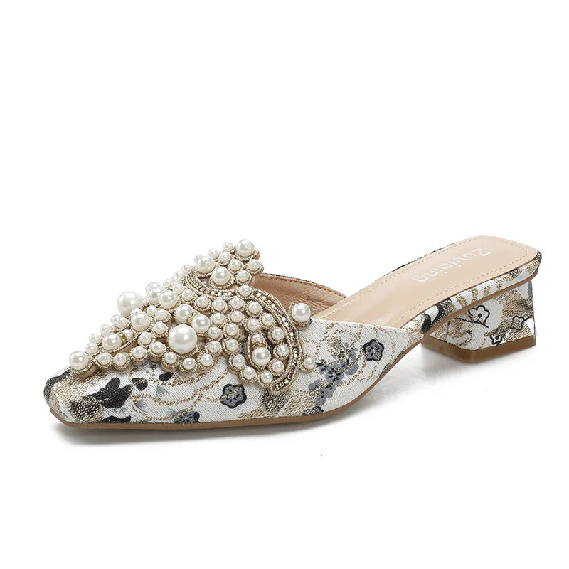 LBSFY -Pearl Half Slippers Women Shoe Autumn Rhinestone Chunky Mid Heel Slipper Sandals Fashion Muller Casual Versatile Single Shoes