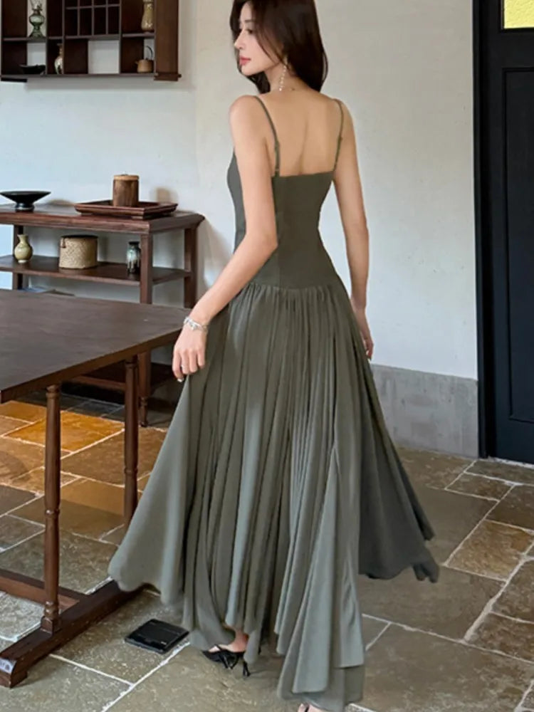 LBSFY -2025 Summer Office Lady Women's Dresses New Elegant V-Neck Slim Waist Pleated A-Line Long Sling Dress Holiday Casual Vestidos