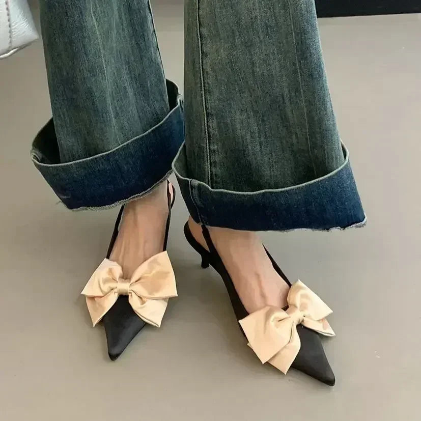 LBSFY  -  Elegant Bow Design Back Strap Small Heel Mules Sandals Women Fashion Satin Pointed Toe Medium Heel Summer Women Pumps Tacones