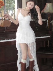 LBSFY -Women's Summer Ruffle Sexy Dresses White Lace Spaghetti Strap V-Neck Silm Fit Dress Vacation Party Evening Vestidos Fashion New