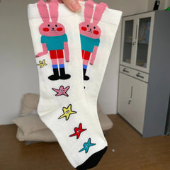 Lbsfy women socks cotton Autumn winter Korean cute kawaii harajuku cartoon rabbit star striped girl mid-tube crew sock lady stockings