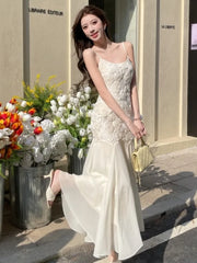 LBSFY -French Elegant Rose Mermaid Dresses For Women Summer Waist Embroidery Cinching Camisole Dresses Wedding Evening Party Prom Gown