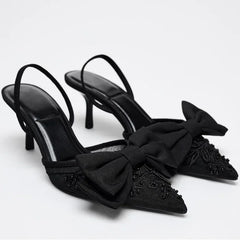 Lbsfy Thin High Heels Women Bow String Bead Pointed Slingback Mules Pumps Mesh Embroider Elegant Dress Sandals Female