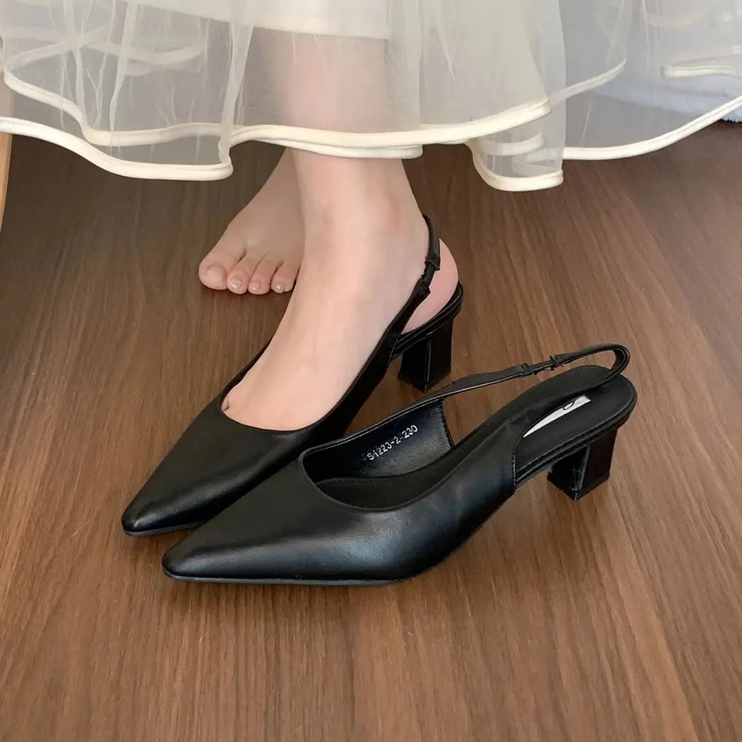 LBSFY -New Women Sandal Fashion Pointed Toe Shallow Slip On Ladies Elegant Slingback Shoes Thin Med Heel Dress Mules Shoes Muj