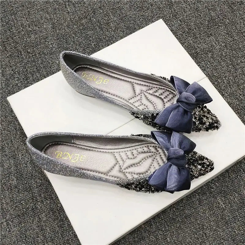 LBSFY -Sequins Wedding Bride Shoe 2025 Trend Pointed Toe With Bow Slip-on Shoes for Women Quick Delivery Y2k Fashion Summer Woman Flats