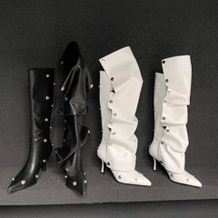 LBSFY  -  Fashion Knee Length Boots for Women's New High Quality Genuine Leather Pointed Rivet High Heels Modern Mid length Boots