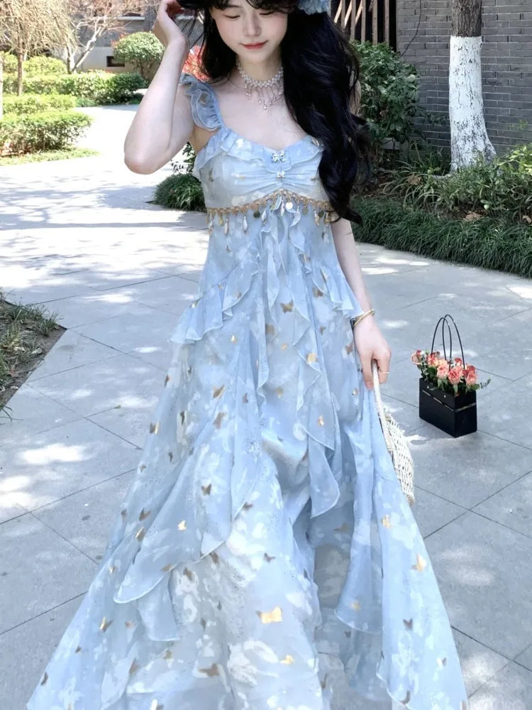LBSFY -Summer French Fairy Print Long Dresses Women Fashion Ruffles Elegant A-Line Birthday Party Vestido Female One Piece Clothes New