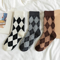 Lbsfy Women Socks Cotton Diamond Lattice Jacquard Stockings Socks Retro Harajuku Sweet Student Japanese Style Sports Socks Girls Gift