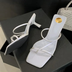 LBSFY -Summer New Fashion Narrow Band Hollow Out Slippers Women Square Toe Thin Low Heels Party Ladies Shoes