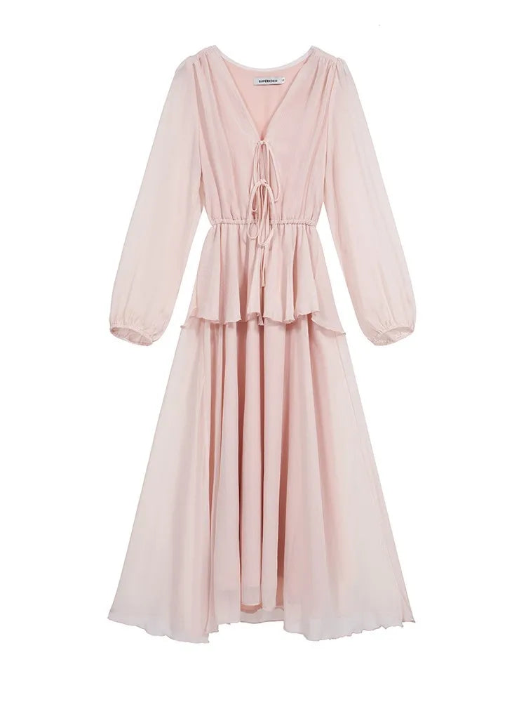 LBSFY -Elegant Fairy Casual Korean Style Women's Dresses New V-Neck Lace-up Long Lantern Sleeve Ruffles Midi Dress 2025 Holiday Vestido