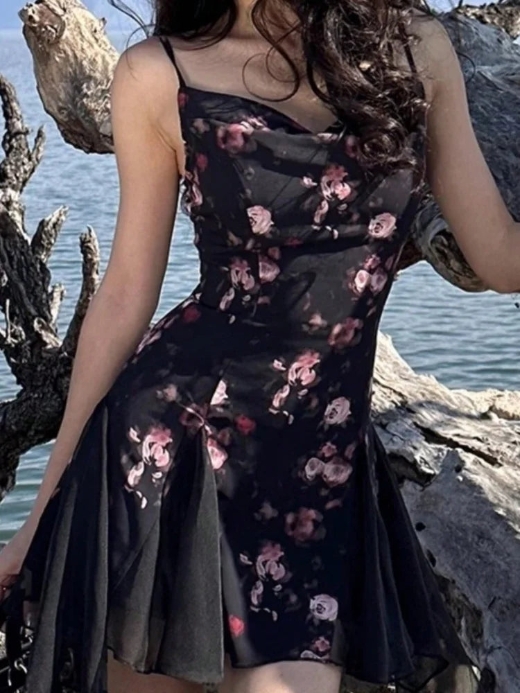 LBSFY -Summer Elegant Print Chic Ruffle Short Dress V-Neck Concert Strap Chiffon Party Dresses Women Spliced Graduation Clothes 2025