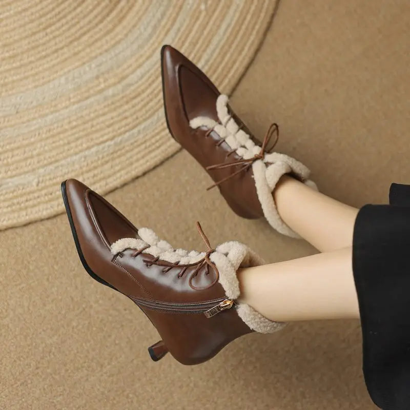 LBSFY  -   Fashion Thick Fur Winter Ankle Boots Pointed Toe Lace Up Med Heels Ankle Boots Zipper Ladies Warm Snow Boots