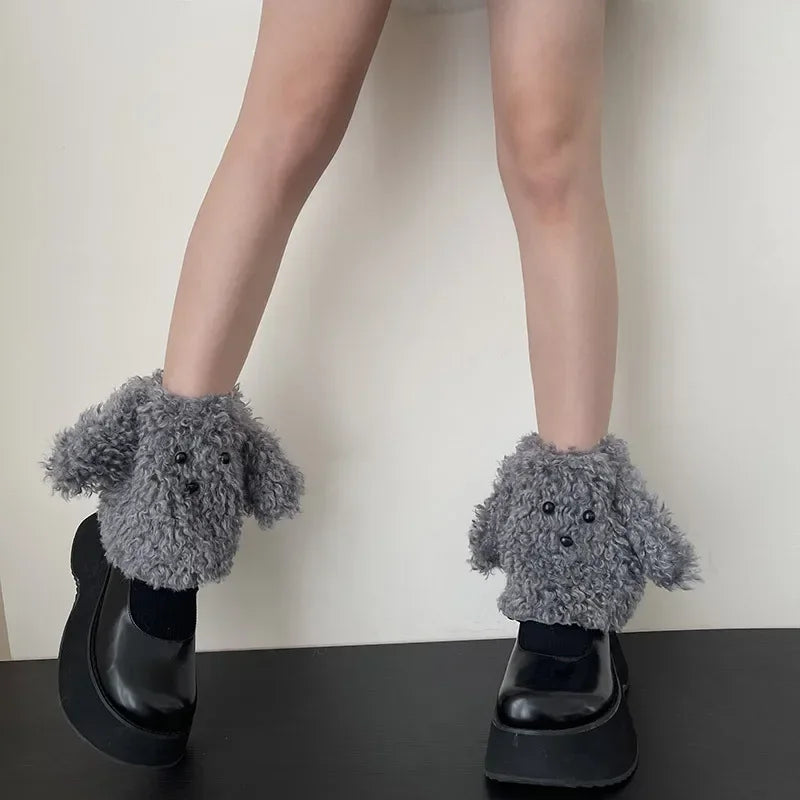 Lbsfy Funny Teddy Curly Leg Warmers Winter JK Girl Ankle Covers Thickened Warm Cute Calf Mid Socks Harajuku Cosplay Accessories