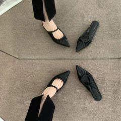 LBSFY  -  Spring Women Sandal Brown Shoes Pointed Toe Ankle Strap Thin Low Heel Pumps Shoes Fashion Pleated Shallow Elegant Mules