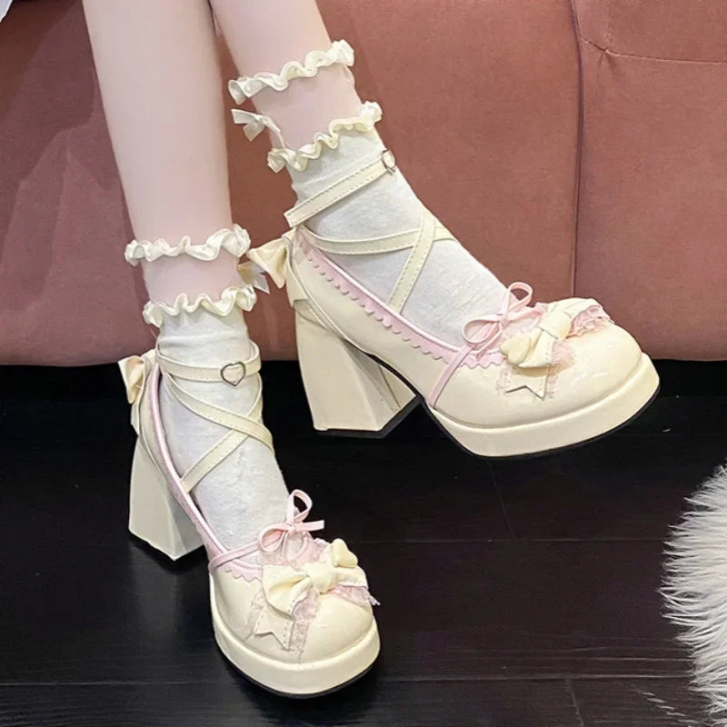 LBSFY -Spring/Autumn New Style Round Toe Square Heel Increased Fashion Elegant High Heel Women's Shoes Bow Decorated Mary Jane Shoes