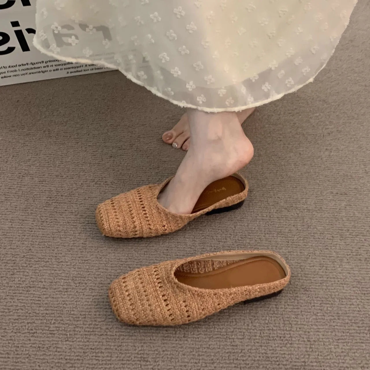 LBSFY -Women Mules Slippers Female Summer Flats Sandals Knit Fabric Stretch Slides Holiday Beach Shoes Square Heel Square Toe Flat