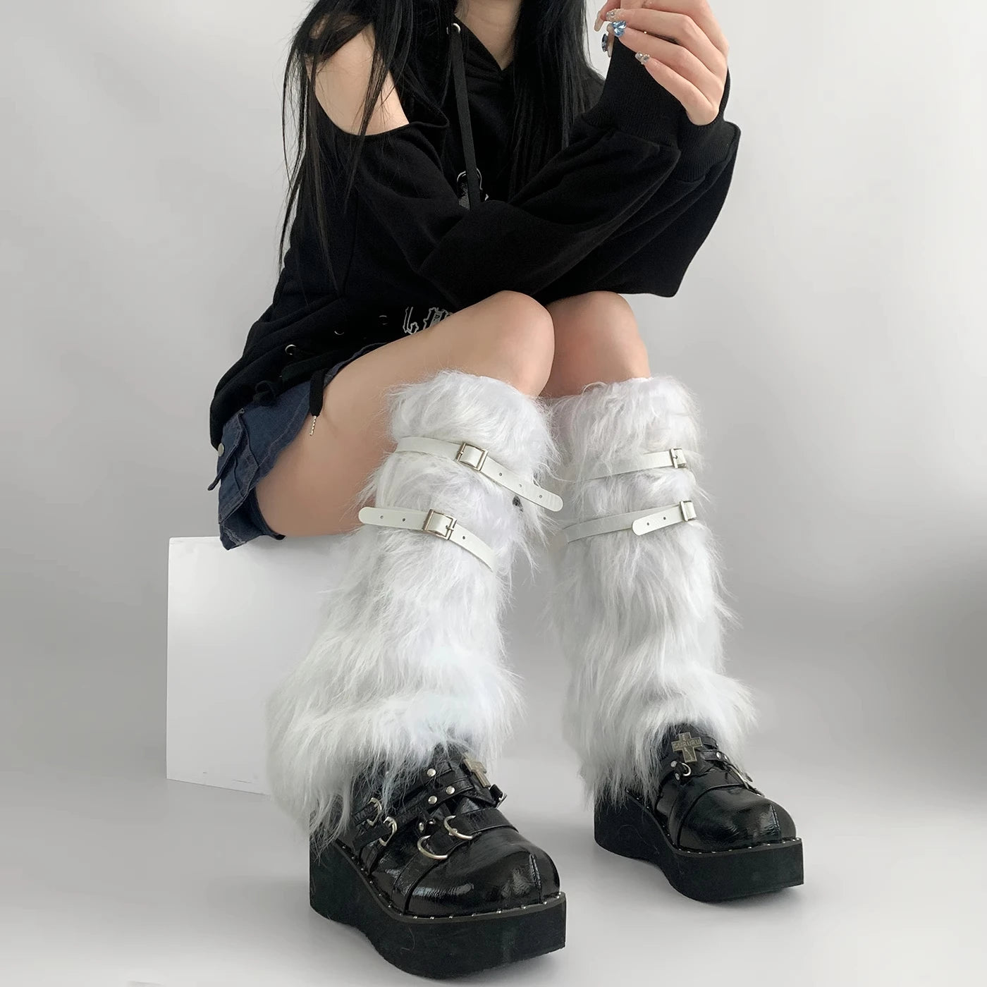 Lbsfy Punk leather belt Fur Leg Warmers Thickened Imitation Rabbit Women Leggings Boots Cover Lolita Punk Harajuku Party Accessories