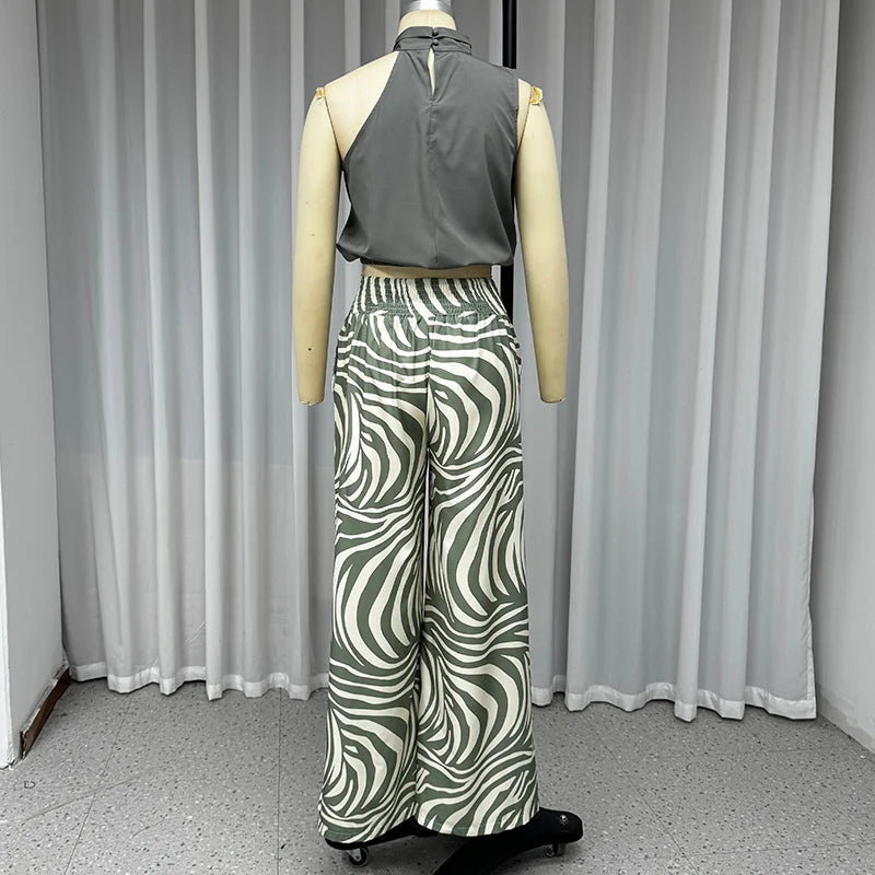 LBSFY  -  Women Two Piece Set Summer Casual Solid Halter Neck Sleeveless Irregular Top Printed Loose With Pockets Panst Sets