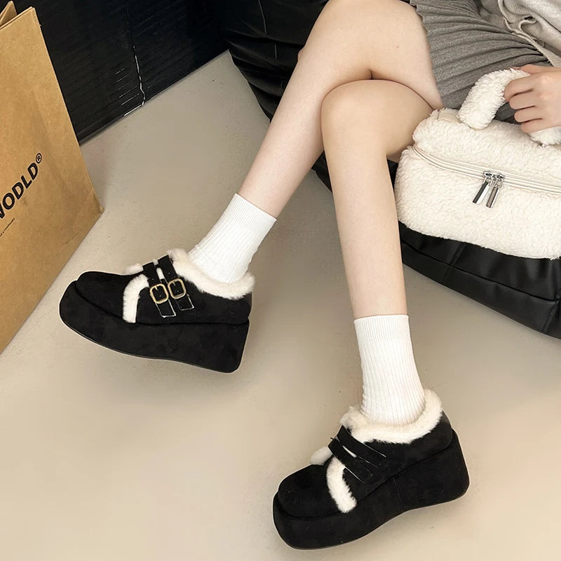 LBSFY  -  Winter Fur Women Mary Jane Shoes Fashion Belt Buckle Shoes Outdoor Platform Heel Warm Cotton Shoes