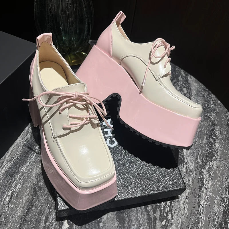 LBSFY  -  New Patent Genuine Leather Pumps Women Shoes Lace Up Thick Bottom Platform Shoes Spring Autumn Ladies Shoes Pink Black