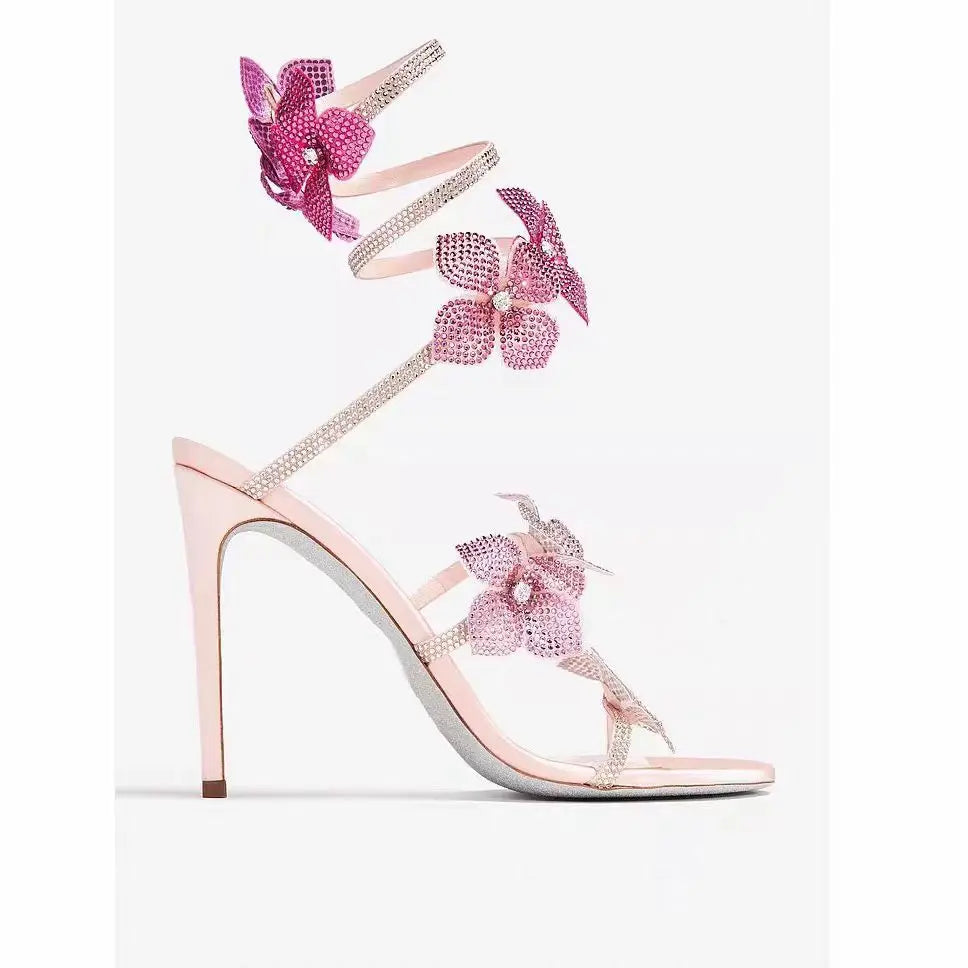 LBSFY  -  Pink Flower Rhinestone High Heels Sandals Shoes Sexy Rose Red Luxury Designer with Wrap Strap  for Women Prom Party 2024