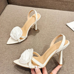 LBSFY  -Summer Fashion Silk Rose Flowers Pointed Open Toe Back Strap Sandals Women Red High Heels Wedding Prom Shoes Zapatos Mujer