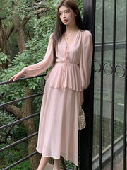 LBSFY -Elegant Fairy Casual Korean Style Women's Dresses New V-Neck Lace-up Long Lantern Sleeve Ruffles Midi Dress 2025 Holiday Vestido