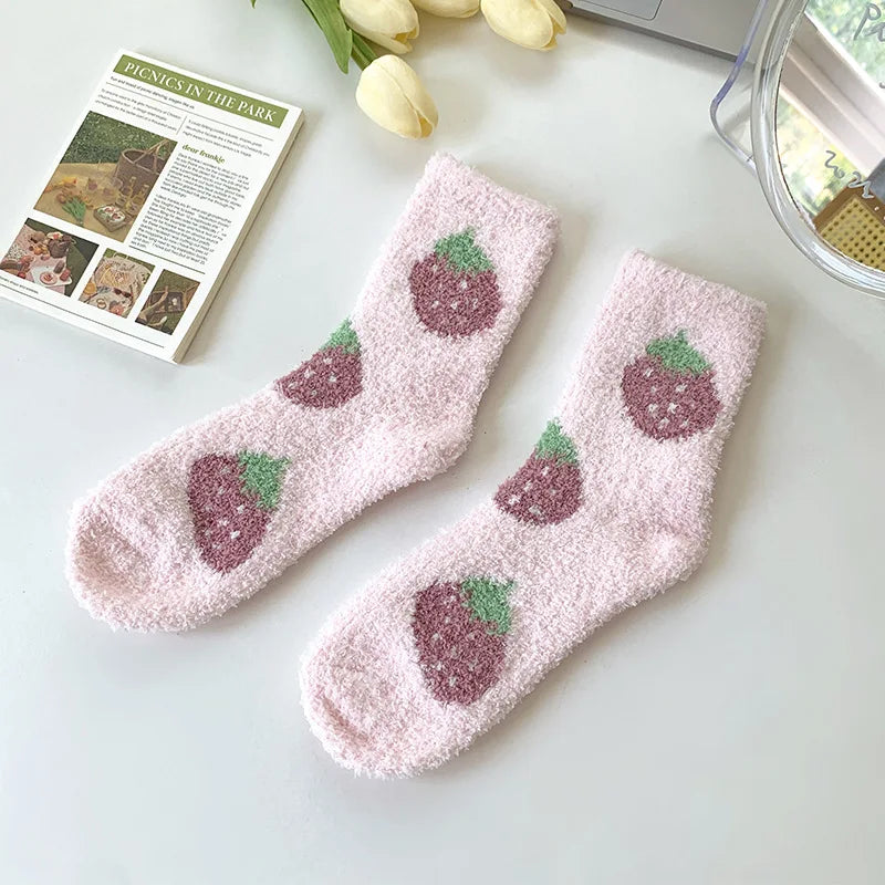 Lbsfy Women Socks Kawaii Cute Strawberry Cherry Flowers Winter Thicken Warm Soft Coral Fleece Thermal Homewear Floor Sleeping Socks