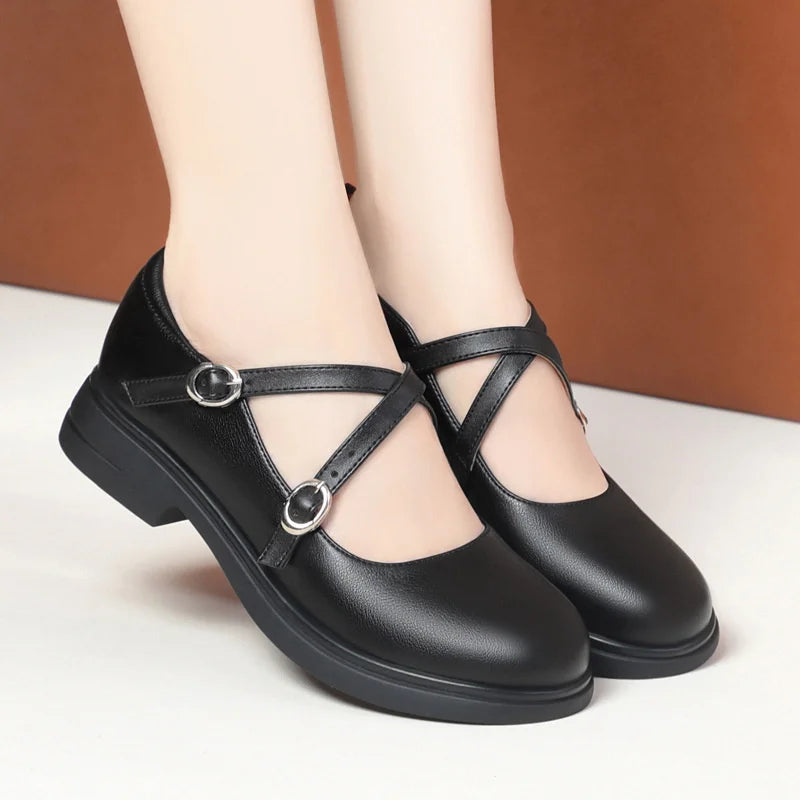 LBSFY -Spring Versatile Breathable Women Mary Jane Shoes Low Heel Buckle Strap Round Toe  Party Dance Soft Leather Single Shoes