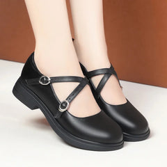 LBSFY -Spring Versatile Breathable Women Mary Jane Shoes Low Heel Buckle Strap Round Toe  Party Dance Soft Leather Single Shoes