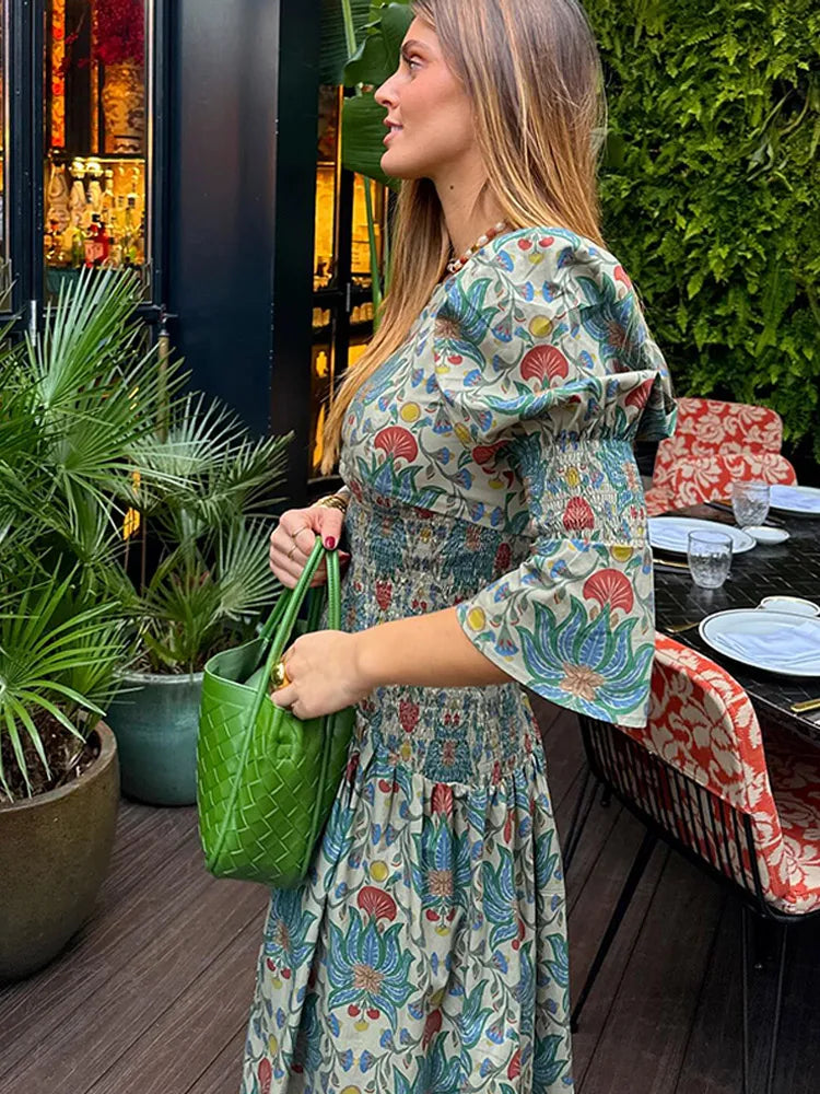 LBSFY  -  2025 Elegant Printed Pleated Hem Women's Midi Dress Fashion Puff Long Sleeves Round Collar Robe New Summer Vacation Lady Vestido