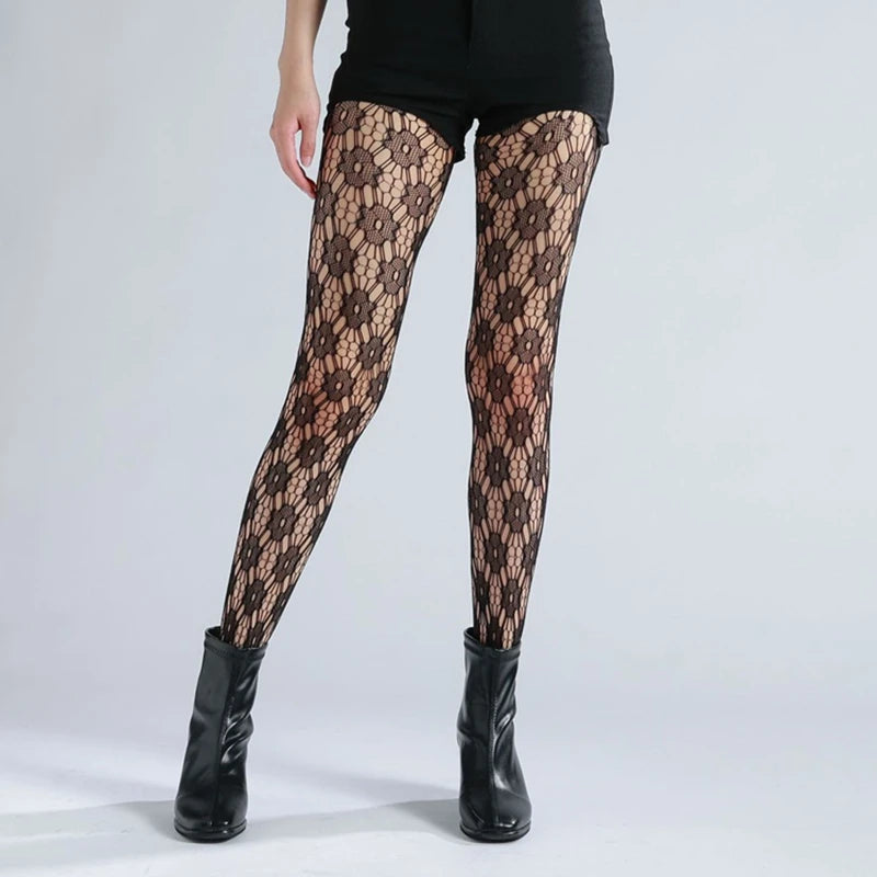 Lbsfy Purple Flowers Fishnet Pantyhose Ladies Lace Sexy Hollow Out Stockings Summer Spring Floral Argyle Fashion Tights Mesh Legging