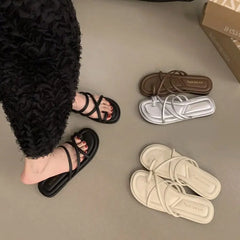 LBSFY -Summer Women Slippers Shoes Low Round Heel Narrow Band Gladiator Casual Sandal Ladies Casual Outdoor Beach Slides