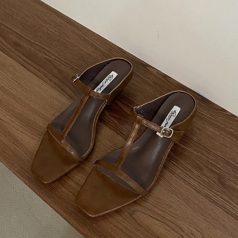 LBSFY -  Brand Summer Women Slipper Square Heels Sandals Square Toe Party Wedding Shoes Slip On Beach Slides Mujer