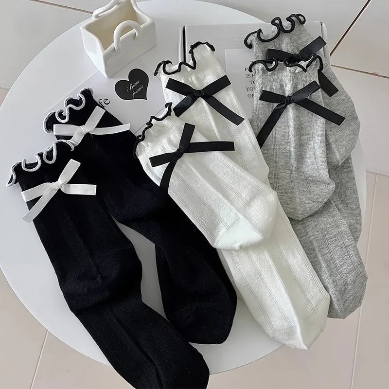 Lbsfy Cute Bowknots Cute Ruffle Socks Women Lolita Sweet Girls Kawaii Socks JK Japanese Styles Solid Color Black White Gray Long Socks