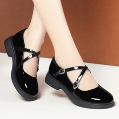 LBSFY -Spring Versatile Breathable Women Mary Jane Shoes Low Heel Buckle Strap Round Toe  Party Dance Soft Leather Single Shoes