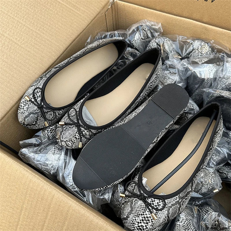 LBSFY -Spring Autumn New Round Head Bow Flat Bottom Ballet Single Shallow Mouth Women's Shoes Size 35-42