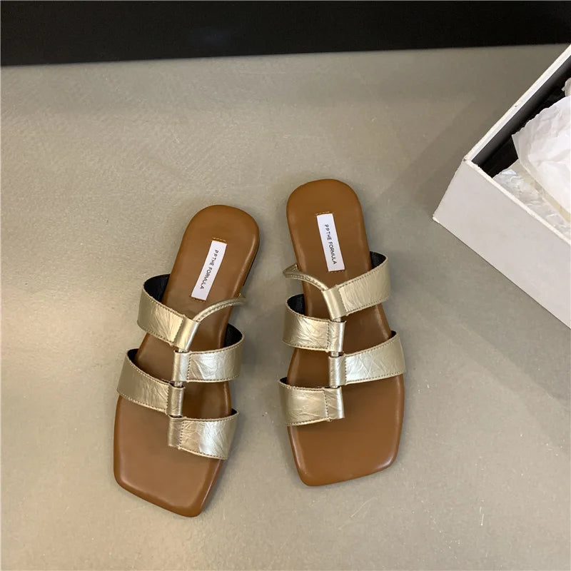LBSFY  -Summer Casual Flat Sliper Square Toe Shoes Women Slip-On Beach Slides Soft Outdoor Sandals Mujer