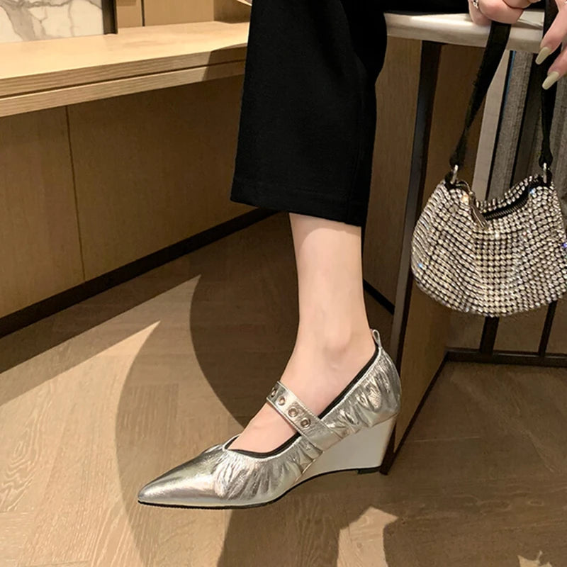 LBSFY  -  NEW Spring/Autumn Women Pumps Pointed Toe Wedges Shoes Genuine Leather Shoes for Women Fashion Black Shallow Buckle Women Shoes
