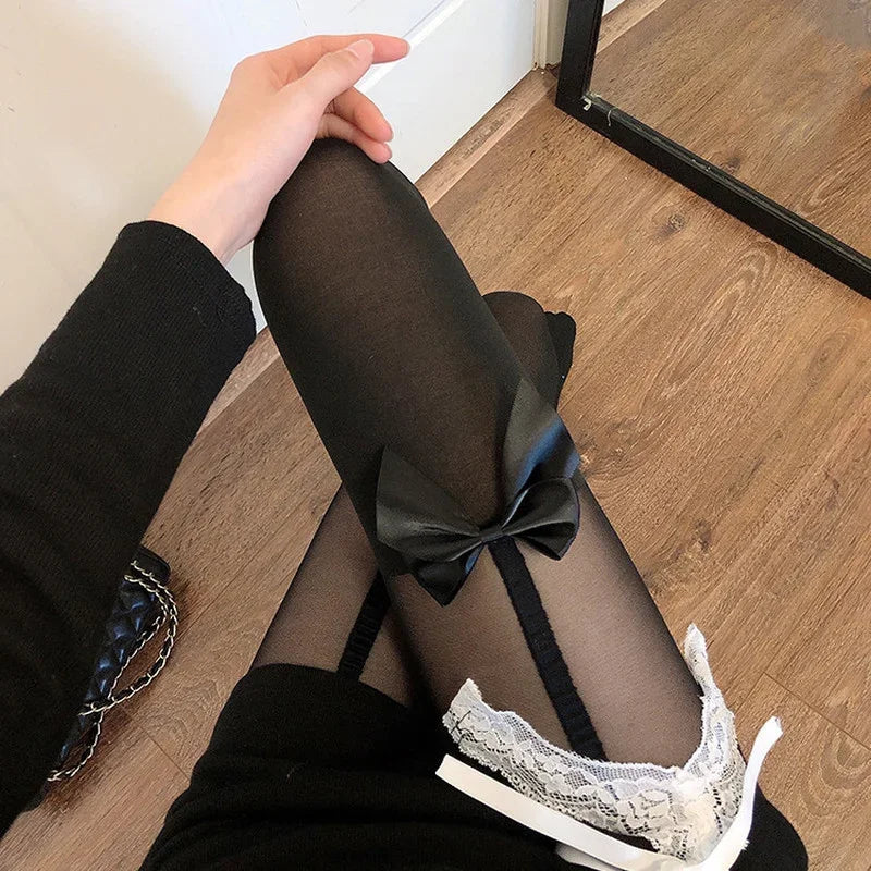 Lbsfy Women Pantyhose Tights Bowknot Lolita Nylon Tights Stockings Seamless Fishnet Pantyhose Female Hosiery Japanese Style Black